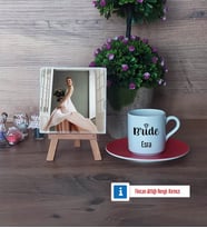 Bride Fotoğraflı Dekoratif Taş, Ahşap Altlıklı Türk Kahvesi Fincanı Hediye (Model 3)