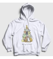 Presmono Unisex Beyaz Merry Catmas Kediler Yılbaşı Kapüşonlu Sweatshirt 270153tt (Beyaz)