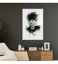 Metal Çerçeveli Cam Tablo Kalpaklı Atatürk Portresi (Gümüş)