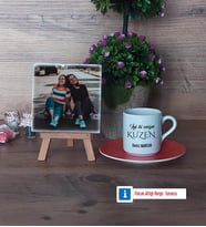 Kuzene Hediye Fotoğraflı Dekoratif Taş, Ahşap Altlıklı Türk Kahvesi Fincanı Hediye (Model 8)