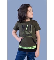 Toontoy Erkek Çocuk Kanguru Cepli Neon Baskılı Tişört (Haki)