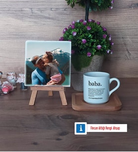 Babaya Hediye Fotoğraflı Dekoratif Taş, Ahşap Altlıklı Türk Kahvesi Fincanı Hediye (Model 1)