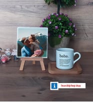 Babaya Hediye Fotoğraflı Dekoratif Taş, Ahşap Altlıklı Türk Kahvesi Fincanı Hediye (Model 1)