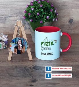 Fizik Öğretmeni Kupa Bardak Beyaz ve Fotoğraflı Ahşap Anahtarlık Hediye Öğretmenler Günü Hediyesi (Model 2)
