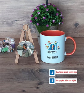 Erkek Sınıf Öğretmenine Hediye Kupa Bardak Beyaz ve Fotoğraflı Ahşap Anahtarlık Hediye Öğretmenler Günü Hediyesi (Model 13)