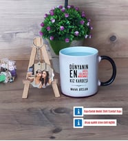 Kız Kardeş Kupa Bardak Beyaz ve Fotoğraflı Ahşap Anahtarlık Hediye (Model 9)