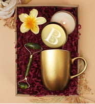 Kişiye Özel Tasarım Mum & Yeşim Taşı Roler Yüz Masaj Aleti & Lotus Toka & Renkli Kupa Hediye Seti (Gold)