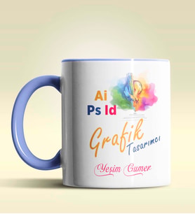 Kişiye Özel Grafik Tasarımcı Tasarımlı Turuncu Kupa Bardak (Mavi)
