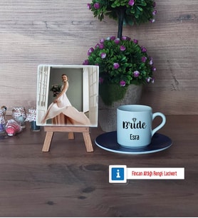 Bride Fotoğraflı Dekoratif Taş, Ahşap Altlıklı Türk Kahvesi Fincanı Hediye (Model 4)