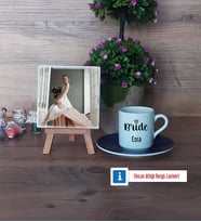 Bride Fotoğraflı Dekoratif Taş, Ahşap Altlıklı Türk Kahvesi Fincanı Hediye (Model 4)