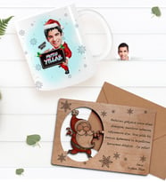 BK Gift Kişiye Özel Mutlu Yıllar Karikatürlü Kupa Bardak ve Retro Ahşap Yılbaşı Tebrik Kartı Hediye Seti-5 (Turuncu)