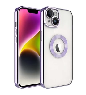 Apple iPhone 14 Kılıf Case, Logo Showing Serisi, Şeffaf, Kamera Korumalı, Logo Gösteren Renkli Çizgi Tasarım (Lila)