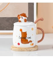 Sevimli Kedi Seramik Kupa, Gri, 12x8 (Kahverengi)
