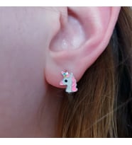 925 ayar gümüş mineli klipsli tek boynuzlu at model gümüş çocuk küpesi (Pembe)