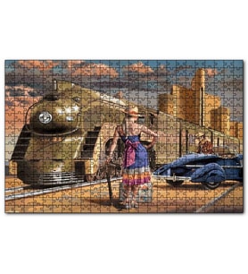 Cakapuzzle Antika Araba Yolcular ile Fütüristik Tren Puzzle Yapboz MDF (Ahşap) (1000 Parça)