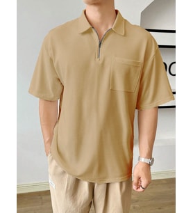 Erkek Oversize Polo Yaka Waffle T-Shirt POLOYAKA-FERMUARLI (Bej)
