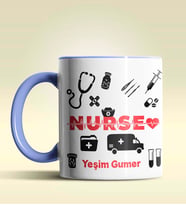 Kişiye Özel Nurse (Hemşire) 2 Tasarımlı Turuncu Kupa Bardak (Mavi)