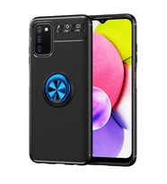 Galaxy A03s Kılıf Yüzüklü Standlı Manyetik Kamera Çıkıntılı Silikon (Siyah-Mavi)