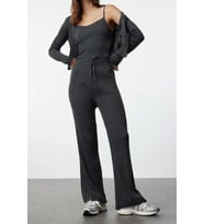 Tarz Kadın Modern Moda Normal Bel Geniş Paça V Yaka Fitillli Bluz Hırka Pantolon Triko Alt-Üst Takım (Mor)