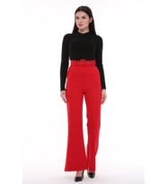 CEDY Kadın İspanyol Paça, Yüksek Bel, Kemerli Pantolon, Oversize Orijinal Kesim, C3004 YEŞİL (Kırmızı)