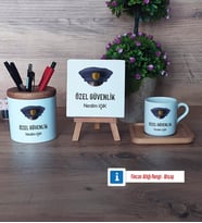 Özel Güvenlik Görevlisi Hediye Seti Dekoratif Taş, Kalemlik, Ahşap Altlıklı Türk Kahvesi Fincanı Hediye (Model 1)