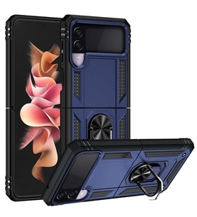 Samsung Galaxy Z Flip 3 Uyumlu Kılıf Standlı Manyetik Yüzüklü Military Magnetic Ring Polycarbonate and TPU Case (Lacivert)