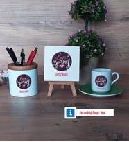 Love Yourself Hediye Seti Dekoratif Taş, Kalemlik, Ahşap Altlıklı Türk Kahvesi Fincanı Hediye (Model 9)