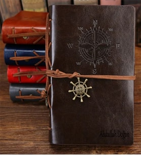 İsme Özel Baskılı Deri Defter - Pusula Denizci Tasarımlı Deri Defter - Kişiye Özel Deri Defter  ( Öğretmene Hediyeler ) (Siyah - Kahverengi)