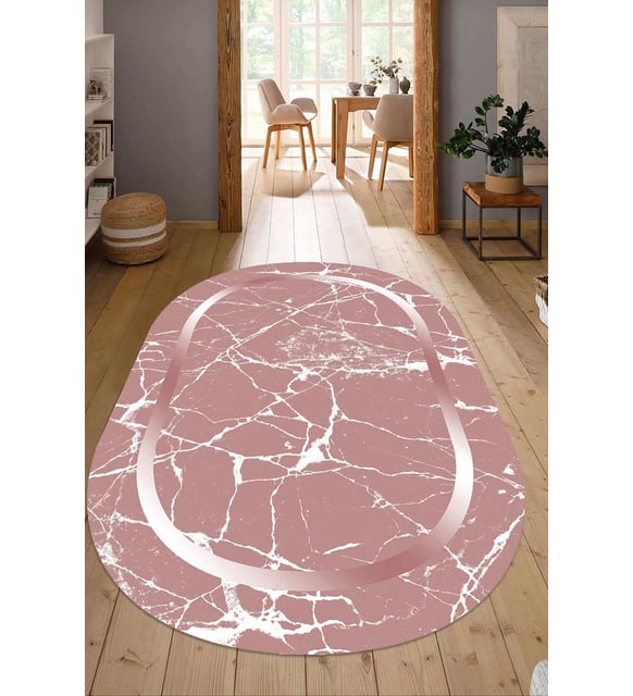 Dijital Baskılı Kaymaz Taban Yıkanabilir Oval Salon Halısı Mutfak Halısı Yolluk NDO-SD-576 (Pembe)