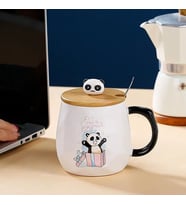 400ml Sevimli Süpriz Panda Seramik Kapaklı Kaşıklı Kupa Bardak (Pembe)