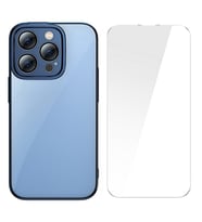Baseus Glitter iPhone 14 Pro 6.1 Renkli Kenar Silikon Kılıf + Tempered Ekran Koruyucu Set (Mavi)