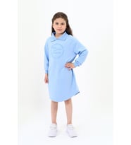 Toontoy Kız Çocuk Polo Yaka Yazı Baskılı Elbise (Mavi)
