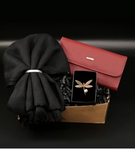Siyah Şal & Kadın Cüzdanı& Gold Renk Yusufcuk Model Broş Hediye Seti (Model 1)