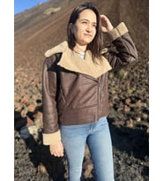 İçi Suni Kürklü Suni Süet Crop Biker Ceket (Kahverengi)