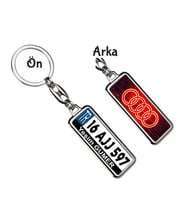 Kişiye Özel Plaka Metal Anahtarlık   Audi Neon Kırmızı Logo (Gümüş)