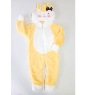 Kız Bebek Kedili Fiyonklu Yumuşacık Peluş Tulum (Sarı)