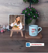 Zabıt Katibi Fotoğraflı Dekoratif Taş, Ahşap Altlıklı Türk Kahvesi Fincanı Hediye (Model 1)
