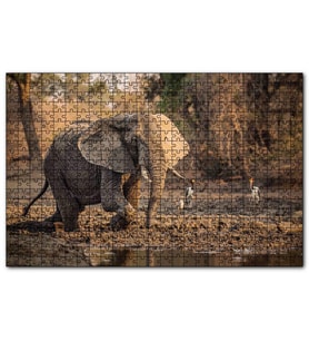Cakapuzzle Çamur Banyosu Yapan Fil ve Arkada Leylekler  Puzzle Yapboz MDF (Ahşap) (255 Parça)