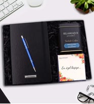 Kişiye Özel Siyah Defter & Gümüş Renk Detaylı Tükenmez Kalem & Selamlıque Türk Kahvesi Hediye Seti (Model 2)