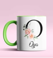 Kişiye Özel O Harfi Temalı Gül Tasarım Siyah Renk Kupa (Yeşil)