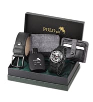 Polo Air Hediyelik Kutusunda Erkek Set Kombin Kemer Cüzdan Kartlık Parfüm Kol Saati Set PL-0971E (Beyaz-Siyah)