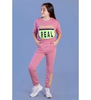 Toontoy Kız Çocuk Crop Model Cep Detaylı Baskılı Eşofman Takımı (Gül Kurusu)