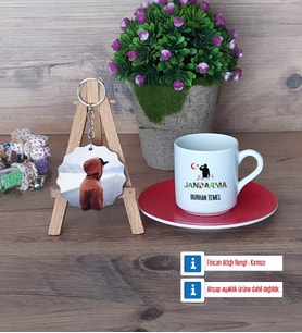 Jandarma Türk Kahvesi Fincanı Ahşap Altlıklı ve Fotoğraflı Ahşap Anahtarlık Hediye (Model 3)