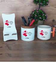 Sevgiliye Hediye Hediye Sepeti Kupa Bardak T Kulplu, Kalemlik ve Ahşap Telefon Standı Sevgililer Günü Hediyesi (Model 7)
