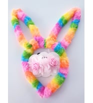 MAGRİB gökkuşağı renkli peluş tavşan kulaklı taç ve çiçekli ikili lastik toka (Pembe)