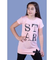 Toontoy Kız Çocuk Star Baskılı Kemer Detaylı Tişört (Pudra)