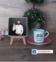 Jeoloji Mühendisi Fotoğraflı Dekoratif Taş, Ahşap Altlıklı Türk Kahvesi Fincanı Hediye (Model 6)
