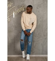 Oversize 3 İplik Bisiklet Yaka Torba Cepli İçi Polarlı Basic Sweatshirt (Krem)