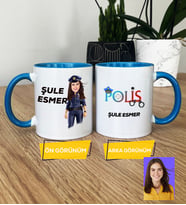 Kişiye Özel Karikatürlü Polis Hediye Kupa Bardak Kadın Polise Polisler Günü Hediyesi (Mavi)