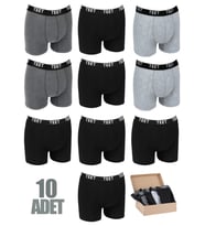 TEET Erkek Boxer Premium 10'lu Set Pamuklu Likralı Düz Renk Tam Kalıp (Siyah-Gri)